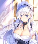  azur_lane belfast_(azur_lane) blue_eyes braid breasts chain cleavage collar commentary_request curtains elbow_gloves eyebrows_visible_through_hair french_braid gloves hand_up holding indoors large_breasts long_hair looking_at_viewer maid maid_headdress mimikaki parted_lips rei_(rei's_room) smile solo upper_body white_gloves white_hair wind window 