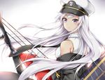  azur_lane bad_id bad_pixiv_id bangs bare_shoulders black_neckwear bow_(weapon) collared_shirt compound_bow enterprise_(azur_lane) eyebrows_visible_through_hair flight_deck floating_hair hat ikasoke_(likerm6au) jacket long_hair looking_at_viewer looking_back necktie off_shoulder parted_lips peaked_cap purple_eyes shirt silver_hair simple_background sleeveless sleeveless_shirt solo upper_body weapon 