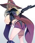  ass blonde_hair blue_eyes breasts detached_sleeves fingerless_gloves gloves gun hat highres huge_breasts long_hair masao nipples original pout shotgun skirt solo spas-12 thighs weapon witch witch_hat 