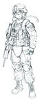  army assault_rifle bad_id bad_pixiv_id boots canteen combat_boots commentary first_aid_kit full_body gloves greyscale gun helmet highres holding holding_gun holding_weapon knee_pads looking_at_viewer m4_carbine marine_corps military military_uniform molle_vest monochrome plate_carrier ponytail pouch rifle scissors shooting_glasses smile thomas_hewitt uniform us_army weapon 