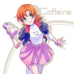  breasts cleavage cleavage_cutout coffee commentary flask iesupa jacket light_blue_eyes medium_breasts nora_valkyrie orange_hair rwby solo tongue tongue_out zipper 