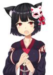  animal_ears azur_lane bad_id bad_pixiv_id bangs black_hair blush breasts cat_ears eyebrows_visible_through_hair fang fox_mask japanese_clothes kimono large_breasts looking_at_viewer mask mask_on_head obi open_mouth red_eyes ryun025 sash short_hair simple_background solo upper_body white_background yamashiro_(azur_lane) 