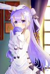  azur_lane bare_shoulders blush bow commander_(azur_lane) commentary detached_sleeves dress eyes_visible_through_hair gloves hair_between_eyes hair_bun hand_on_another's_head lavender_hair long_hair object_hug omelet_tomato one_side_up petting purple_eyes solo_focus stuffed_alicorn stuffed_animal stuffed_toy tears unicorn_(azur_lane) white_dress white_gloves 