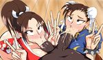  1boy 2girls 90s :&gt;= ahegao ass blush breasts brown_eyes brown_hair capcom china_dress chinese_clothes chun-li cleavage clothed_female_nude_male clothed_sex cum cum_explosion cum_in cum_in_nose dark_penis dark_skin dark_skinned_male darm_engine double_bun double_v ejaculation fatal_fury fellatio fingernails hair_ribbon hairy high_ponytail japanese_clothes kneeling large_breasts licking long_nails makeup male_pubic_hair mouth multiple_girls ninja oral pantyhose peace_sign penis ponytail pov ribbon saliva shiranui_mai snk spiked_bracelet spikes stray_pubic_hair street_fighter street_fighter_ii sucking_testicles testicles the_king_of_fighters tongue tongue_out uncensored 