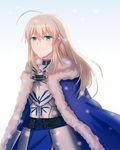  absurdres ahoge alternate_hairstyle armor artoria_pendragon_(all) blonde_hair blue_cape blue_dress breastplate cape dress fate/stay_night fate_(series) fur-trimmed_cape fur_trim green_eyes hair_between_eyes hair_down highres lelejiang long_hair saber smile solo white_background 