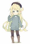  arm_up black_legwear blonde_hair blue_eyes boots charlotta_fenia commentary dress granblue_fantasy grey_sweater hat knee_boots long_hair meito_(maze) open_mouth pantyhose pointy_ears solo sweater sweater_dress 