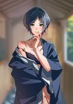  blue_hair blue_kimono blurry blurry_background blush bra cowboy_shot day depth_of_field fingernails fukushi_ryouhei hand_on_own_leg hand_to_own_mouth hayami_kanade highres idolmaster idolmaster_cinderella_girls idolmaster_cinderella_girls_starlight_stage japanese_clothes kimono long_sleeves looking_at_viewer off_shoulder original parted_lips purple_bra seductive_smile short_hair smile solo standing underwear upper_body yellow_eyes 
