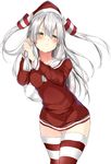  absurdres alternate_costume amatsukaze_(kantai_collection) blush breasts closed_mouth cowboy_shot hair_between_eyes hair_tubes hands_up hat highres holding kantai_collection long_hair long_sleeves looking_at_viewer namuru_(kurinton) over_shoulder red_hat red_shirt sack sailor_collar santa_hat shirt silver_hair simple_background small_breasts solo standing striped striped_legwear thigh_gap thighhighs thighs two_side_up v-shaped_eyebrows very_long_hair white_background yellow_eyes zettai_ryouiki 
