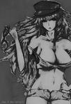  1girl bare_shoulders breasts capcom cleavage collarbone crop_top denim_shorts grey_background greyscale hand_on_hip hand_up handcuffs hat hyakulegger large_breasts long_hair monochrome navel newhalf no_bra off_shoulder open_fly poison_(final_fight) shirt short_shorts shorts simple_background standing strap_slip 