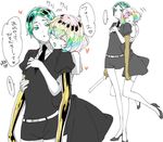  alternate_hairstyle androgynous belt black_neckwear black_shirt black_shorts center_part crystal_hair diamond_(houseki_no_kuni) dress gem_uniform_(houseki_no_kuni) golden_arms houseki_no_kuni hug hug_from_behind multicolored_hair multiple_others necktie phosphophyllite puffy_short_sleeves puffy_sleeves shirt short_hair short_sleeves shorts shuri_(84k) simple_background smile spoilers thighhighs translation_request uniform white_background white_skin 