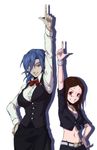  bangs blue_hair bow bowtie breasts brown_hair carol_(skullgirls) cosplay crop_top crossdressing death_parade decim_(death_parade) decim_(death_parade)_(cosplay) forehead ganno gem hand_on_hip highres jewelry kurokami_no_onna kurokami_no_onna_(cosplay) large_breasts midriff multiple_girls navel necklace one-eyed pale_skin pantyhose parted_bangs pointing pointing_up ponytail pose red_eyes saturday_night_fever scar scar_across_eye shirt side-by-side side_slit skirt skullgirls small_breasts smile stitches valentine_(skullgirls) vest 
