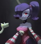  1girl bare_shoulders blue_skin detached_collar detached_sleeves dress female hair_over_one_eye leviathan_(skullgirls) monster_girl red_eyes side_ponytail skullgirls squigly_(skullgirls) stitched_mouth stitches striped_sleeves zombie 