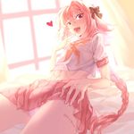  abs astolfo_(fate) braid bulge c3momo commentary dated fate/apocrypha fate/grand_order fate_(series) finger_to_mouth hair_ribbon heart long_hair lying male_focus midriff on_bed otoko_no_ko panties pantyshot pantyshot_(lying) pink_eyes pink_hair ribbon school_uniform serafuku single_braid solo underwear very_long_hair white_panties 