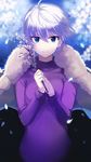  anastasia_(idolmaster) ashita_(2010) bad_id bad_twitter_id bangs blue_eyes blurry blurry_background branch commentary_request earrings eyelashes flower fur_coat idolmaster idolmaster_cinderella_girls jewelry petals purple_sweater short_hair silver_hair smile solo sparkle sweater white_coat 