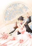  1girl bare_shoulders black_eyes black_hair brown_hair chiaki_shin'ichi dancing dress dutch_angle eye_contact flower formal hetero indoors looking_at_another matsurica noda_megumi nodame_cantabile petals pink_dress red_neckwear rose smile suit veil wedding wedding_dress 