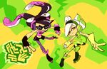  aori_(splatoon) arrow black_hair cosplay crop_top gloves green_background grin headphones hotaru_(splatoon) inline_skates jet_set_radio long_hair looking_at_viewer midriff multicolored multicolored_background multiple_girls pantyhose roller_skates short_hair skates smile splatoon_(series) spray_can yellow_background 