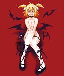  bat between_legs blonde_hair blush breasts closed_eyes crying demon_girl demon_horns demon_tail demon_wings full_body hand_between_legs horns long_hair nose_blush nude open_mouth original red_background ryoji_(nomura_ryouji) simple_background small_breasts solo tail tears thighhighs torn_clothes two_side_up v_arms white_legwear wings 