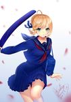  2017 ahoge alternate_costume artoria_pendragon_(all) braid cherry_blossoms dated fate_(series) french_braid green_eyes highres kneehighs master_artoria petals school_uniform serafuku signature solo v-shaped_eyebrows yuanchuang 