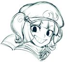  1girl face female greyscale grin hair_bobbles hair_ornament hat kawashiro_nitori monochrome simple_background smile solo space_jin touhou twintails two_side_up upper_body white_background 