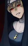  blonde_hair breasts cross cross_necklace double_(skullgirls) ganno habit inverted_cross jewelry large_breasts looking_at_viewer necklace nun red_eyes red_sclera skullgirls solo third_eye when_you_see_it 
