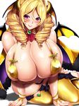  1girl barefoot bikini blonde_hair blush breasts cleavage demon_girl demon_wings dmm drill_hair erect_nipples female horns huge_breasts inma_kourin_devil_carnival long_fingernails long_hair looking_at_viewer mikan_(5555) nail_polish purple_eyes shiny_skin simple_background sitting smile solo succubus thighhighs white_background wings yellow_bikini 