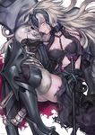  black_dress black_gloves chain commentary_request dress fate/grand_order fate_(series) fur-trimmed_legwear fur_trim gloves greaves grey_hair headpiece highres jeanne_d'arc_(alter)_(fate) jeanne_d'arc_(fate)_(all) lips long_hair parted_lips rororogi_mogura sheath sheathed skeleton skull smile solo standard_bearer sword thighhighs vambraces very_long_hair weapon yellow_eyes 