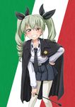  anchovy anzio_school_uniform bangs belt black_belt black_cape black_neckwear black_ribbon black_skirt cape dress_shirt drill_hair emblem eyebrows_visible_through_hair flag_background girls_und_panzer green_hair hair_ribbon hand_on_hip hand_on_thigh holding italian_flag kamihikouki leaning_forward long_hair long_sleeves looking_at_viewer miniskirt necktie pantyhose pleated_skirt raised_eyebrow red_eyes ribbon riding_crop school_uniform shirt skirt smirk solo standing twin_drills twintails white_legwear white_shirt 