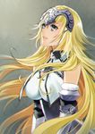  blonde_hair blue_eyes breasts chain cleavage fate/apocrypha fate/grand_order fate_(series) floating_hair fur_trim gauntlets grey_background jeanne_d'arc_(fate) jeanne_d'arc_(fate)_(all) kanameyura large_breasts long_hair looking_up solo upper_body very_long_hair 