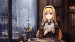  absurdres blonde_hair bus commentary_request cup eyebrows_visible_through_hair girls_frontline green_eyes ground_vehicle hairband highres jacket long_hair looking_at_viewer m1_garand_(girls_frontline) motor_vehicle mug mush necktie off_shoulder photo_(object) road smile solo steam street suspenders table tablecloth wall window 
