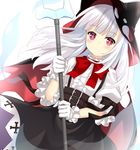  azur_lane bangs belt belt_buckle black_cape black_skirt blunt_bangs blush bow bowtie brown_belt buckle cape center_frills closed_mouth commentary_request dutch_angle erebus_(azur_lane) eyebrows_visible_through_hair frilled_gloves frills gloves holding hood horns long_hair looking_at_viewer maccha multiple_belts polearm puffy_short_sleeves puffy_sleeves red_eyes red_neckwear shirt short_sleeves skirt solo torn_cloak trident weapon white_gloves white_hair white_shirt 