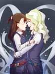  ^_^ artist_name blonde_hair blue_vest blush brown_hair closed_eyes copyright_name diana_cavendish forehead-to-forehead highres hug kagari_atsuko little_witch_academia long_hair multiple_girls noses_touching red_eyes short_ponytail smile vest xiao_lu 