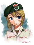  bandaid bandaid_on_cheek beret blonde_hair blue_background blue_eyes blush brown_shirt dated ebifly eyebrows_visible_through_hair hair_between_eyes hat jacket looking_at_viewer military military_uniform original parted_lips shirt signature smile solo tri-color_desert uniform upper_body 