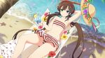  ahoge bare_arms bare_legs bare_shoulders beach brown_hair cup day drink drinking_glass flat_chest flower hair_ribbon hairband hammock hat heterochromia holding long_hair lying official_art palm_tree ribbon ryoubi_(senran_kagura) sand senran_kagura senran_kagura_new_link smile solo straw_hat swimsuit tree twintails water yaegashi_nan 