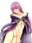  absurdly_long_hair bare_shoulders blush breasts cape cloak commentary_request dress embarrassed fire_emblem fire_emblem:_fuuin_no_tsurugi groin highres large_breasts long_hair naked_cape naked_cloak navel nude pocari66 purple_eyes purple_hair simple_background sofiya solo underboob very_long_hair white_background 