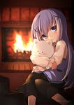  angora_rabbit animal animal_hug bangs black_skirt blue_eyes blue_hair blue_vest blurry blurry_background blush box bunny closed_mouth commentary_request depth_of_field eyebrows_visible_through_hair feet_out_of_frame fireplace gift gift_box gochuumon_wa_usagi_desu_ka? hair_between_eyes hair_ornament head_tilt kafuu_chino long_hair long_sleeves looking_at_viewer macchiato_(jae-min_cho) rabbit_house_uniform shirt sitting skirt smile socks tippy_(gochiusa) twitter_username uniform very_long_hair vest waitress white_legwear white_shirt x_hair_ornament 