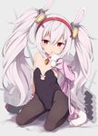  animal_ears azur_lane bangs bare_shoulders bed_sheet black_legwear black_leotard blush breasts bunny_ears bunnysuit cannon carrot clothes_down commentary_request covered_mouth detached_collar eyebrows_visible_through_hair fur-trimmed_jacket fur_trim gamuo grey_background grey_hair hair_between_eyes hair_ornament hairband highres jacket jewelry kneeling laffey_(azur_lane) leotard long_hair looking_at_viewer off_shoulder pantyhose pendant pink_jacket red_eyes red_hairband simple_background small_breasts solo strapless strapless_leotard torpedo turret twintails very_long_hair white_collar wing_collar zipper_pull_tab 