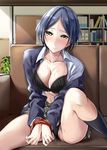  3: bdsm black_bra black_panties blazer blue_hair blush bondage bound bound_wrists bra breasts cleavage closed_mouth commentary_request couch grey_skirt hayami_kanade highres idolmaster idolmaster_cinderella_girls indoors jacket knee_up large_breasts looking_at_viewer nose_blush oimo on_couch open_blazer open_clothes open_jacket panties plaid plaid_skirt pleated_skirt pussy_juice school_uniform short_hair sitting skirt solo sweat underwear wet wet_clothes wet_panties yellow_eyes 