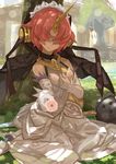  bare_shoulders commentary_request covered_eyes dress elbow_gloves fate/apocrypha fate_(series) flower frankenstein's_monster_(fate) gloves holding holding_flower horn sitting smile solo teke_(exploration) veil weapon 