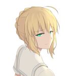  ahoge artoria_pendragon_(all) bangs blonde_hair braid er_ci_gudu eyebrows_visible_through_hair face fate/grand_order fate_(series) from_behind green_eyes looking_at_viewer looking_back raised_eyebrow saber sailor_collar school_uniform serafuku short_hair short_sleeves smug solo white_sailor_collar 