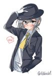  alternate_costume arm_up bad_id bad_twitter_id black_hat blush closed_mouth collared_shirt ebifurya fedora gloves grey_hair hair_between_eyes hand_in_pocket hand_on_headwear hat highres inactive_account kantai_collection long_hair long_sleeves looking_at_viewer neckerchief nowaki_(kantai_collection) shirt sidelocks simple_background solo spoken_blush sweat twitter_username upper_body white_background white_gloves white_shirt yellow_neckwear 