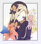  abigail_williams_(fate/grand_order) bangs bbci black_bow black_dress black_hat blonde_hair blue_eyes blue_nails blush bow closed_mouth commentary_request dress fate/grand_order fate_(series) fingernails flower hair_bow hat holding holding_stuffed_animal light_smile long_sleeves looking_at_viewer nail_polish orange_bow parted_bangs polka_dot polka_dot_bow sleeves_past_wrists solo stuffed_animal stuffed_toy teddy_bear 
