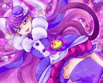  animal_ears arms_up bow bubble_skirt cat_ears cat_tail cowboy_shot cure_macaron dress earrings elbow_gloves extra_ears food_themed_hair_ornament gloves hair_ornament jewelry kirakira_precure_a_la_mode kotozume_yukari layered_dress light_particles long_hair looking_at_viewer macaron_hair_ornament magical_girl nobumoto parted_lips precure puffy_sleeves purple purple_background purple_bow purple_dress purple_eyes purple_hair purple_legwear skirt smile solo tail thighhighs white_gloves 