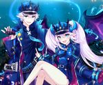 1girl :d abysser_(elsword) bare_legs belt black_neckwear blue blue_background blue_coat blue_eyes blue_hat blue_shirt ciel_(elsword) earrings elsword fang hat highres jewelry legs long_hair looking_at_viewer luciela_r._sourcream necktie open_mouth pointy_ears shirt signature sleeves_past_wrists smile timoria_(elsword) twintails twitter_username white_hair white_neckwear xes_(xes_5377) 