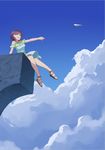  3d-kun :d ahoge arm_up bangs bare_legs bare_shoulders blue blue_sky blush breasts brown_footwear brown_hair commentary_request day dress frilled_dress frills green_eyes leaning_back medium_breasts open_mouth original outdoors outstretched_arm paper_airplane sandals short_hair sitting sky smile solo swept_bangs throwing white_dress wide_shot 