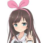  a.i._channel bare_shoulders blue_eyes bow brown_hair detached_sleeves eyebrows_visible_through_hair hair_bow hairband kizuna_ai long_hair looking_at_viewer pink_bow pink_pupils sailor_collar school_uniform serafuku smile solo upper_body vest virtual_youtuber white_sailor_collar white_vest yakihebi 