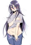  bags_under_eyes blush breasts breath collarbone commentary_request covered_nipples excessive_pubic_hair grey_shirt hair_between_eyes heart highres iku_(ikuchan_kaoru) large_breasts long_hair looking_away messy_hair mole mole_under_mouth morioka_moriko navel netojuu_no_susume no_bra no_panties open_mouth pubic_hair purple_eyes purple_hair revision shiny shiny_hair shirt short_sleeves simple_background skirt skirt_pull solo standing t-shirt very_long_hair visible_air wavy_mouth white_background 