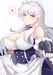  apron azur_lane bangs bare_shoulders belfast_(azur_lane) blue_eyes braid breasts chain cleavage collar corset covered_nipples eyebrows_visible_through_hair french_braid gauntlets gloves heart highres large_breasts long_hair looking_at_viewer maid_headdress ninoude_(ninoude44) silver_hair smile solo spoken_heart 