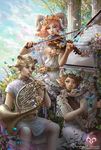  artist_name blue_sky blush bow_(instrument) brown_hair bug butterfly cloud column day eyeshadow flower french_horn harp horns insect instrument makeup multiple_girls music orange_hair outdoors piano pillar playing_instrument satyr sheep_horns sheet_music short_hair sitting sky solan violin watermark web_address 