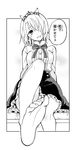  1girl barefoot chartreux_westia feet hair_over_one_eye kishuku_gakkou_no_juliet looking_at_viewer monochrome one_leg_raised open_mouth pantyshot pov pov_feet sitting soles tiara toes translated 