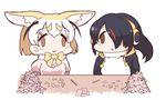  :3 animal_ears black_hair blonde_hair bow bowtie brown_eyes desk emperor_penguin_(kemono_friends) eyebrows_visible_through_hair face_of_the_people_who_sank_all_their_money_into_the_fx fennec_(kemono_friends) fox_ears hair_over_one_eye headphones hood hood_down hoodie kemono_friends multicolored_hair multiple_girls orange_neckwear parted_lips short_hair short_sleeves simple_background streaked_hair sweater tanaka_kusao white_background 